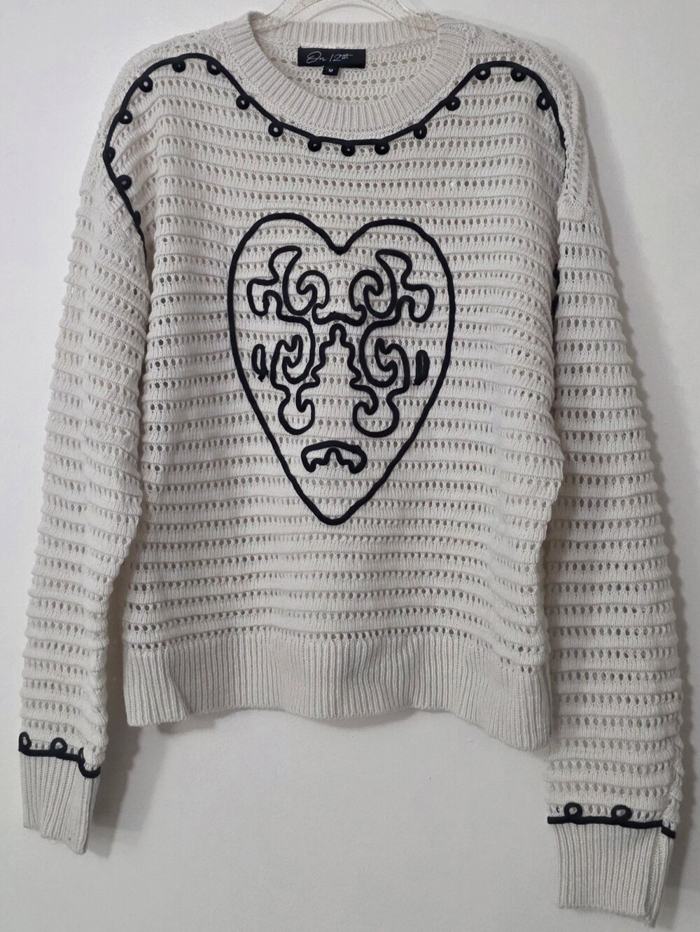 On 12th Open Knit Heart Wool Blend Sweater Coquette Whimsigoth Boho Medium
